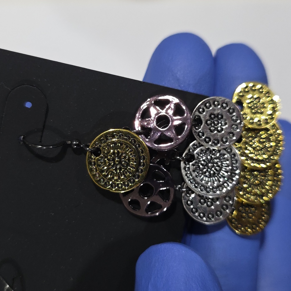 Multi-Tone Filigree Disc Earrings – Gold, Silver & Gunmetal Cascading Layers - Picture 8 of 10